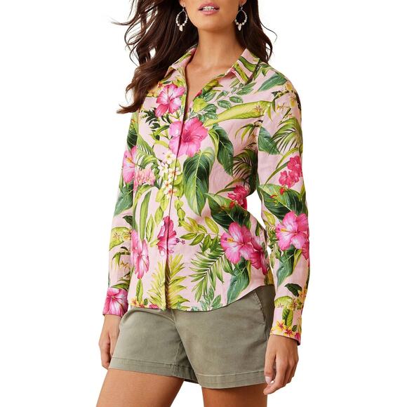 Tommy Bahama Womens Small Linen Top Grand Villa L/S Shirt Tropical Floral Pink - Picture 1 of 11